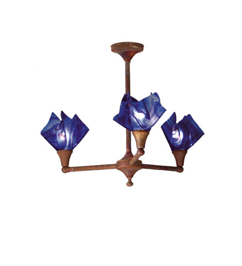 Meyda Lighting Curacao Swirl 30" 3-Light Vintage Copper Handkerchief Chandelier With Blue Fused Shade Glass