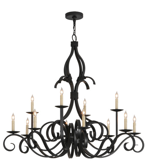 Meyda Lighting Cypress 48" 12-Light Satin Black Wrought Iron Chandelier With White Faux Candlelight