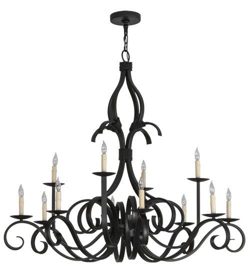 Meyda Lighting Cypress 48" 12-Light Satin Black Wrought Iron Chandelier With White Faux Candlelight
