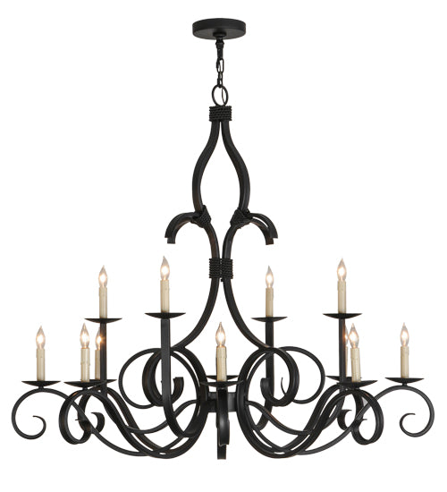 Meyda Lighting Cypress 48" 12-Light Satin Black Wrought Iron Chandelier With White Faux Candlelight