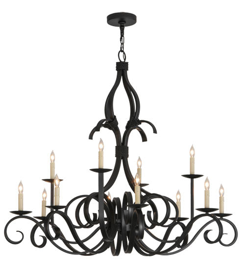 Meyda Lighting Cypress 48" 12-Light Satin Black Wrought Iron Chandelier With White Faux Candlelight