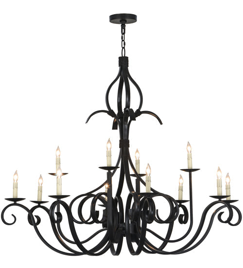 Meyda Lighting Cypress 54" 12-Light Satin Black Wrought Iron Chandelier With White Faux Candlelight