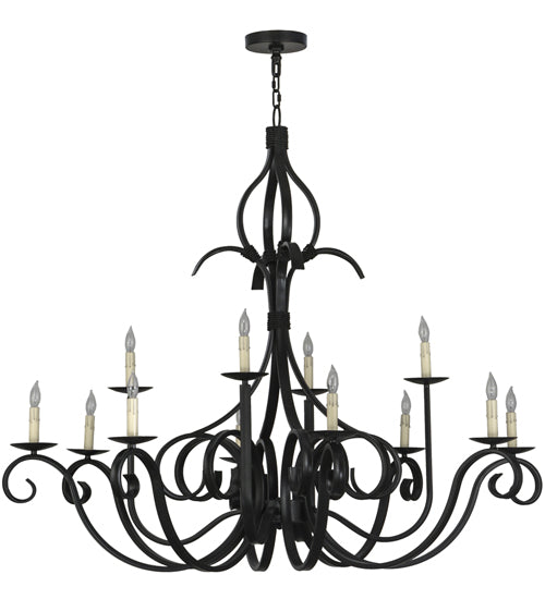 Meyda Lighting Cypress 54" 12-Light Satin Black Wrought Iron Chandelier With White Faux Candlelight