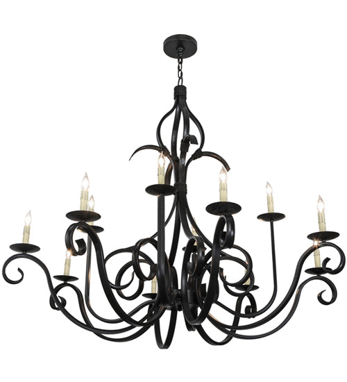 Meyda Lighting Cypress 54" 12-Light Satin Black Wrought Iron Chandelier With White Faux Candlelight