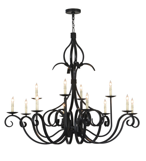 Meyda Lighting Cypress 54" 12-Light Satin Black Wrought Iron Chandelier With White Faux Candlelight