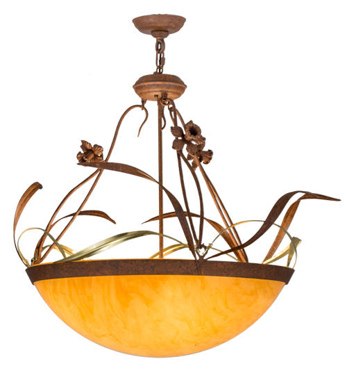 Meyda Lighting Daffodil 26" 4-Light Rust Inverted Pendant Light With Amber Quartz Idalight Shade
