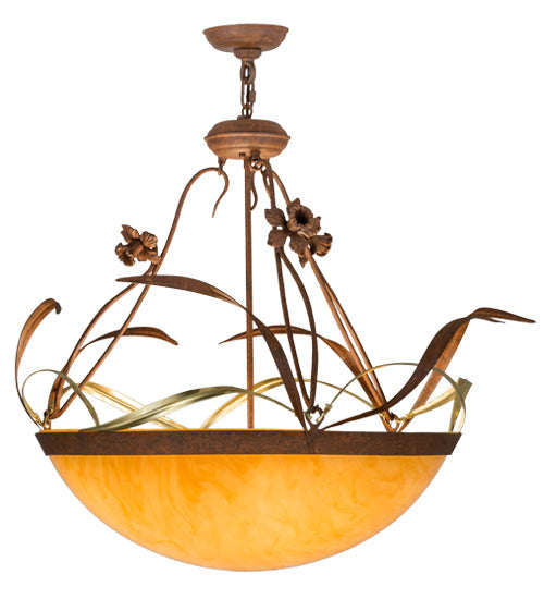 Meyda Lighting Daffodil 26" 4-Light Rust Inverted Pendant Light With Amber Quartz Idalight Shade