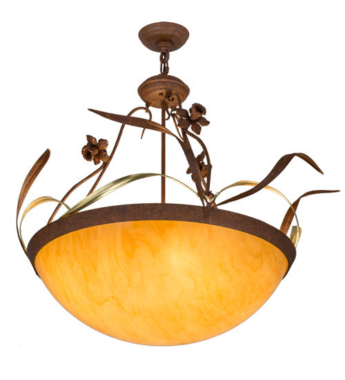 Meyda Lighting Daffodil 26" 4-Light Rust Inverted Pendant Light With Amber Quartz Idalight Shade