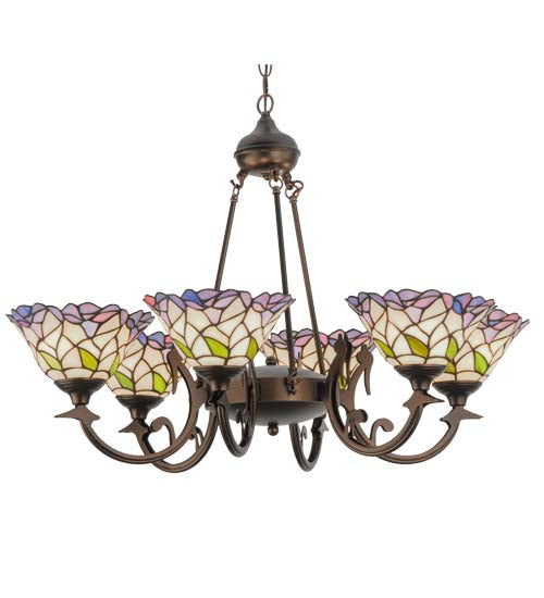 Meyda Lighting Daffodil Bell 33" 6-Light Mahogany Bronze Chandelier With Multi-Colored Shade Glass