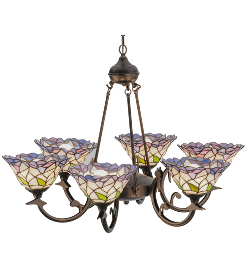 Meyda Lighting Daffodil Bell 33" 6-Light Mahogany Bronze Chandelier With Multi-Colored Shade Glass