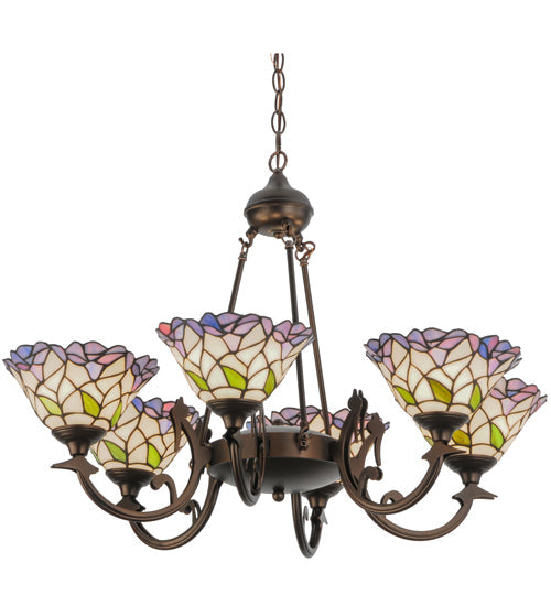 Meyda Lighting Daffodil Bell 33" 6-Light Mahogany Bronze Chandelier With Multi-Colored Shade Glass