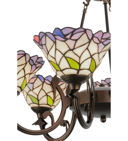 Meyda Lighting Daffodil Bell 33" 6-Light Mahogany Bronze Chandelier With Multi-Colored Shade Glass