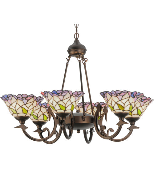 Meyda Lighting Daffodil Bell 33" 6-Light Mahogany Bronze Chandelier With Multi-Colored Shade Glass