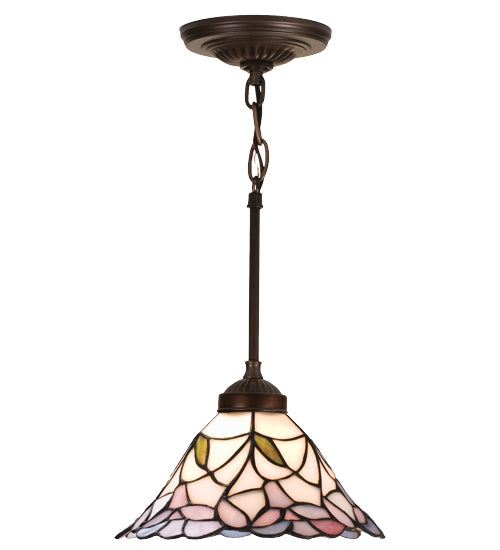 Meyda Lighting Daffodil Bell 9" Mahogany Bronze Mini Pendant Light With Multi-Colored Stained Shade Glass