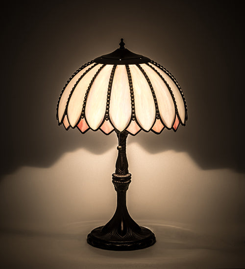 Meyda Lighting Daisy 24 Craftsman Brown Table Lamp With White & Pink Iridescent Art Shade Glass