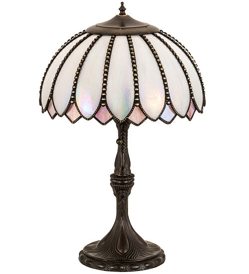 Meyda Lighting Daisy 24 Craftsman Brown Table Lamp With White & Pink Iridescent Art Shade Glass