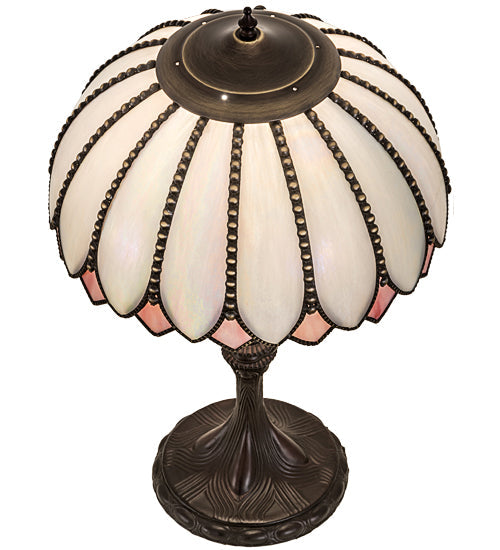 Meyda Lighting Daisy 24 Craftsman Brown Table Lamp With White & Pink Iridescent Art Shade Glass