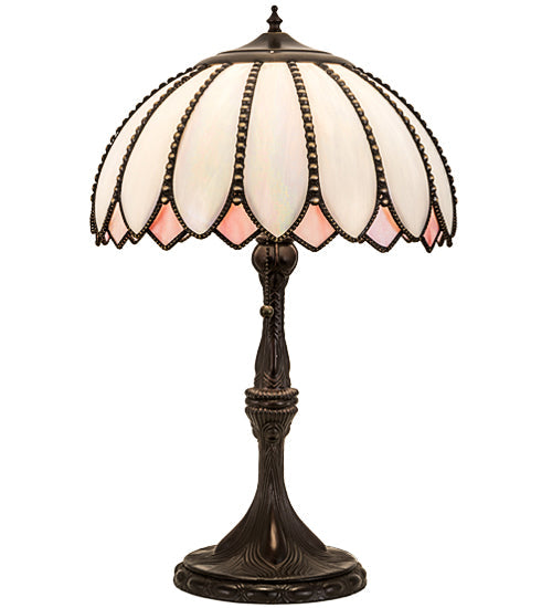 Meyda Lighting Daisy 24 Craftsman Brown Table Lamp With White & Pink Iridescent Art Shade Glass