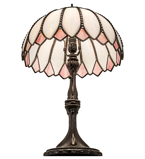Meyda Lighting Daisy 24 Craftsman Brown Table Lamp With White & Pink Iridescent Art Shade Glass