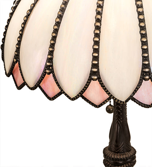 Meyda Lighting Daisy 24 Craftsman Brown Table Lamp With White & Pink Iridescent Art Shade Glass