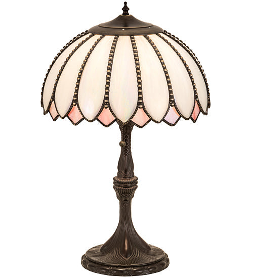 Meyda Lighting Daisy 24 Craftsman Brown Table Lamp With White & Pink Iridescent Art Shade Glass