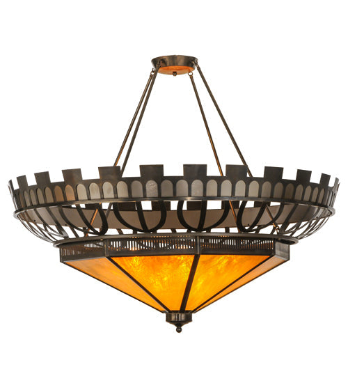 Meyda Lighting Davis Street 55" 12-Light Craftsman Brown On Waxed Brass Inverted Pendant Light With Amber Shade Glass