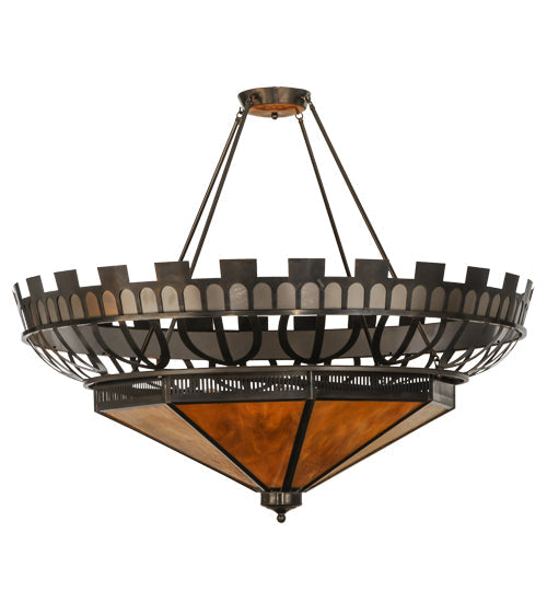 Meyda Lighting Davis Street 55" 12-Light Craftsman Brown On Waxed Brass Inverted Pendant Light With Amber Shade Glass