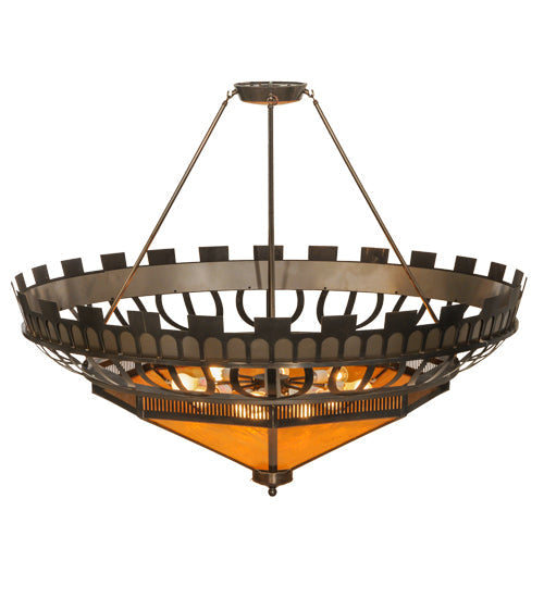 Meyda Lighting Davis Street 55" 12-Light Craftsman Brown On Waxed Brass Inverted Pendant Light With Amber Shade Glass
