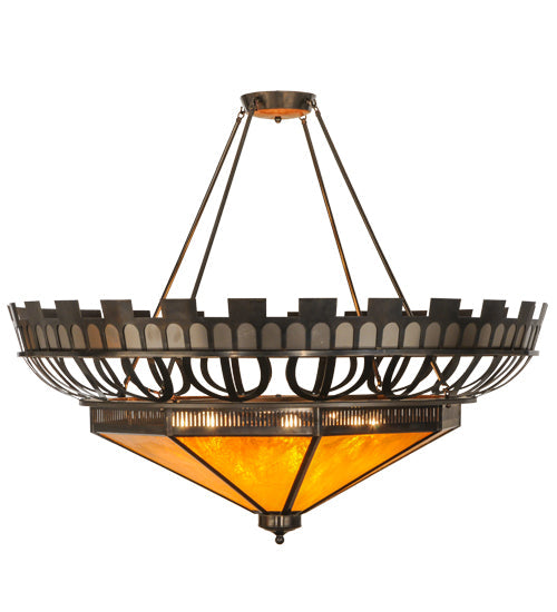 Meyda Lighting Davis Street 55" 12-Light Craftsman Brown On Waxed Brass Inverted Pendant Light With Amber Shade Glass