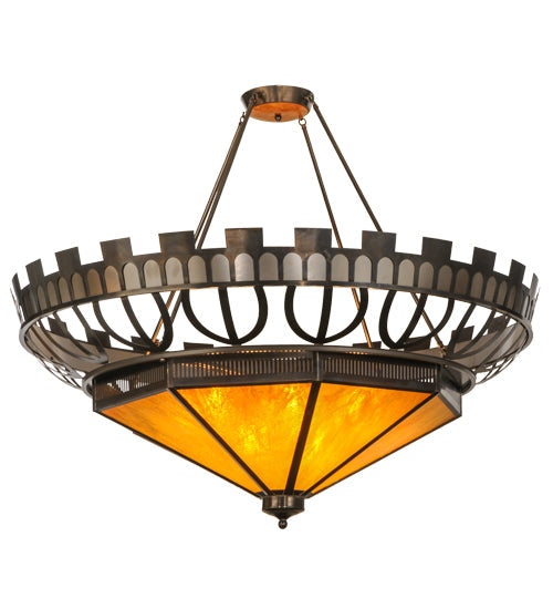 Meyda Lighting Davis Street 55" 12-Light Craftsman Brown On Waxed Brass Inverted Pendant Light With Amber Shade Glass
