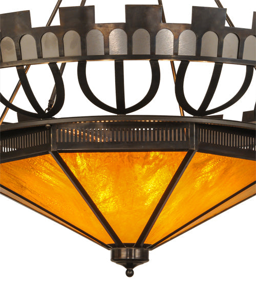 Meyda Lighting Davis Street 55" 12-Light Craftsman Brown On Waxed Brass Inverted Pendant Light With Amber Shade Glass