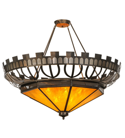 Meyda Lighting Davis Street 55" 12-Light Craftsman Brown On Waxed Brass Inverted Pendant Light With Amber Shade Glass
