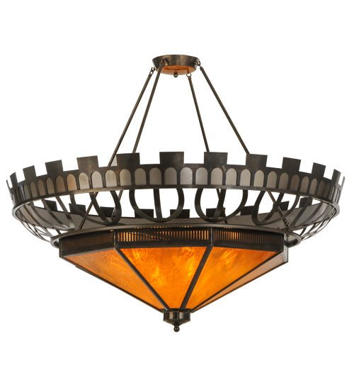 Meyda Lighting Davis Street 55"W x 46"H 12-Light Craftsman Brown On Waxed Brass Inverted Pendant Light With Ambra Siena Idalight Shade