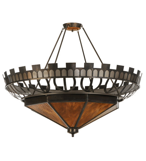 Meyda Lighting Davis Street 55"W x 46"H 12-Light Craftsman Brown On Waxed Brass Inverted Pendant Light With Ambra Siena Idalight Shade