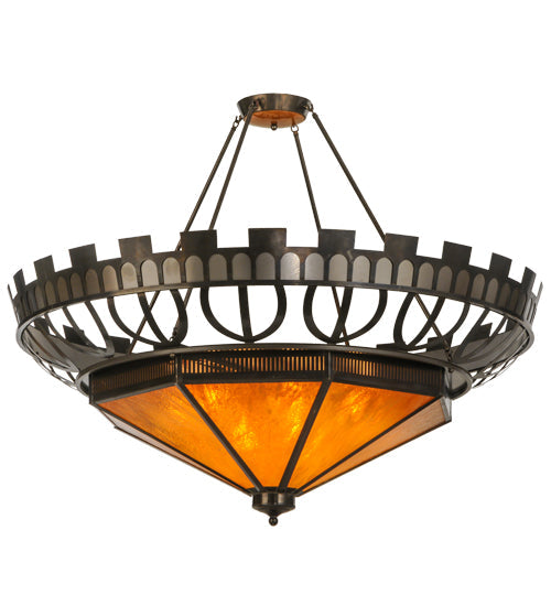 Meyda Lighting Davis Street 55"W x 46"H 12-Light Craftsman Brown On Waxed Brass Inverted Pendant Light With Ambra Siena Idalight Shade