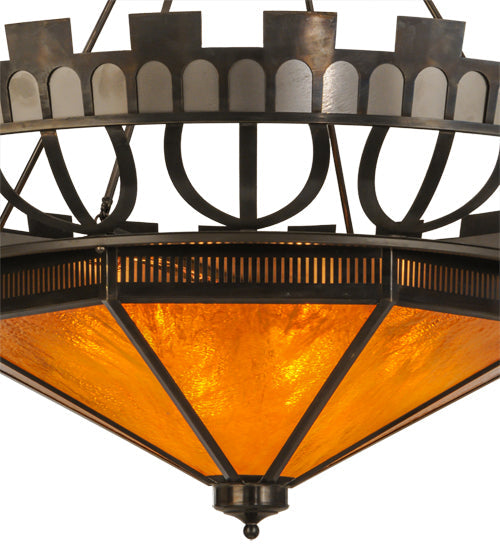 Meyda Lighting Davis Street 55"W x 46"H 12-Light Craftsman Brown On Waxed Brass Inverted Pendant Light With Ambra Siena Idalight Shade