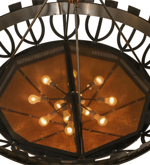 Meyda Lighting Davis Street 55"W x 46"H 12-Light Craftsman Brown On Waxed Brass Inverted Pendant Light With Ambra Siena Idalight Shade