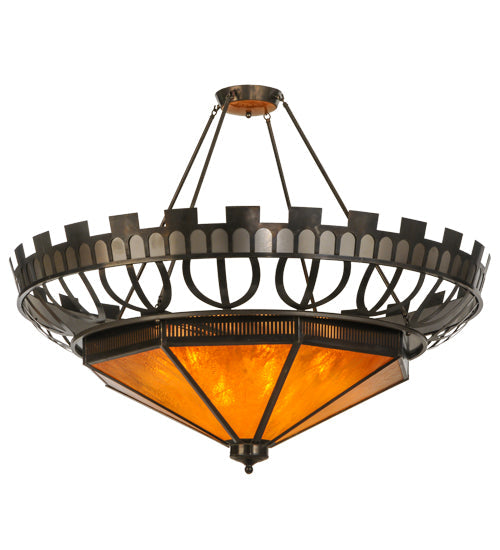 Meyda Lighting Davis Street 55"W x 46"H 12-Light Craftsman Brown On Waxed Brass Inverted Pendant Light With Ambra Siena Idalight Shade