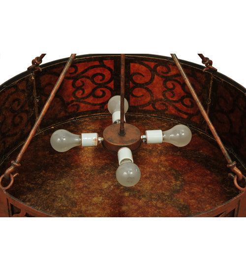 Meyda Lighting Dean 30" 4-Light Antique Rust Inverted Pendant Light With Amber Mica Shade Glass
