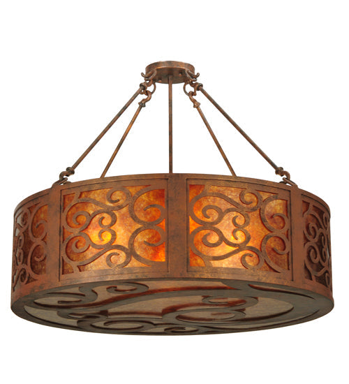 Meyda Lighting Dean 30" 4-Light Antique Rust Inverted Pendant Light With Amber Mica Shade Glass
