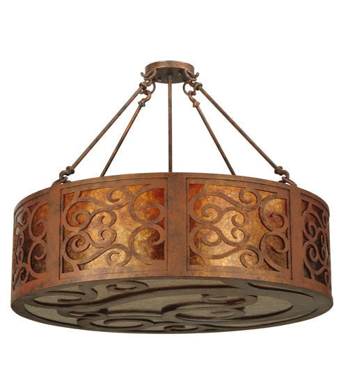 Meyda Lighting Dean 30" 4-Light Antique Rust Inverted Pendant Light With Amber Mica Shade Glass