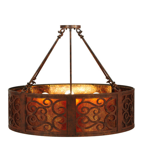 Meyda Lighting Dean 30" 4-Light Antique Rust Inverted Pendant Light With Amber Mica Shade Glass