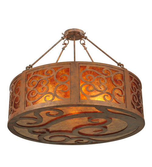 Meyda Lighting Dean 30" 4-Light Antique Rust Inverted Pendant Light With Amber Mica Shade Glass