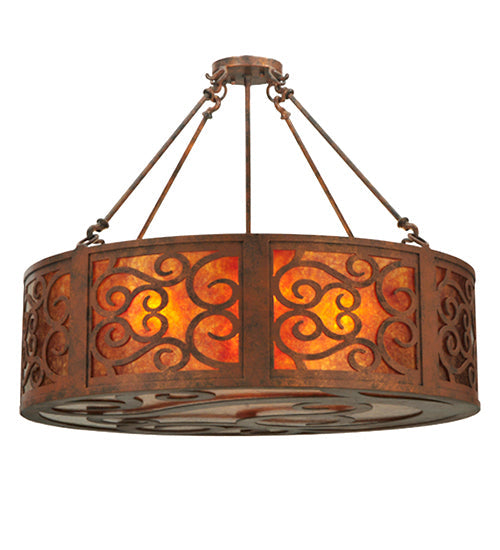 Meyda Lighting Dean 30" 4-Light Antique Rust Inverted Pendant Light With Amber Mica Shade Glass