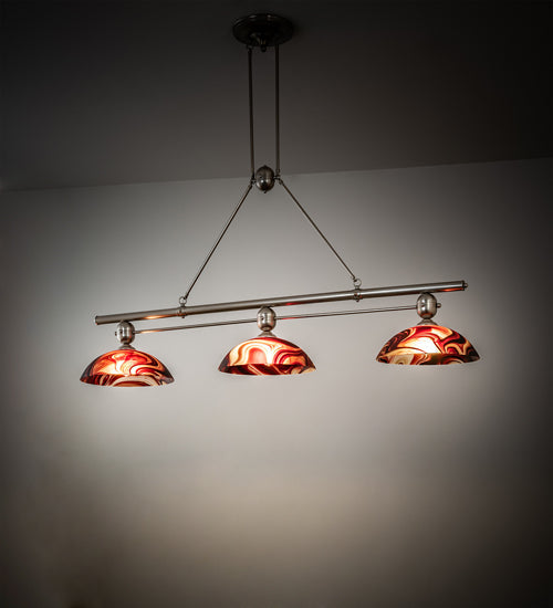 Meyda Lighting Deco Ball 70" 3-Light Brushed Nickel Cabernet Swirl Island Pendant Light With Ruby Cabernet Swirl Shade Glass