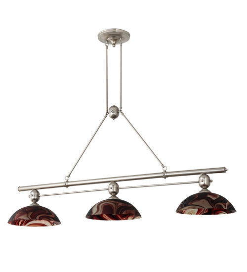 Meyda Lighting Deco Ball 70" 3-Light Brushed Nickel Cabernet Swirl Island Pendant Light With Ruby Cabernet Swirl Shade Glass