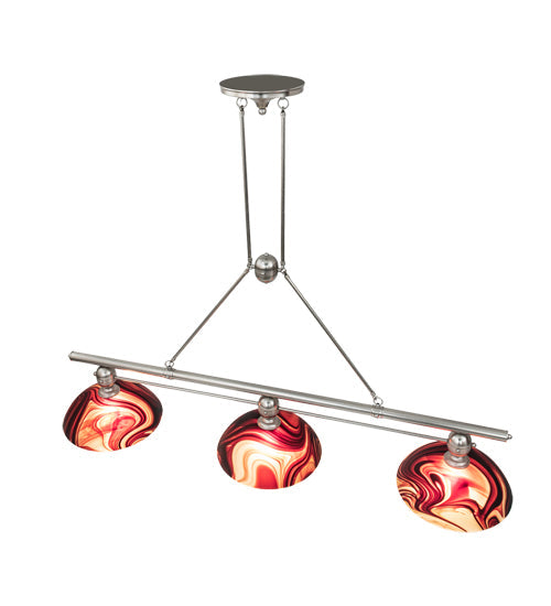 Meyda Lighting Deco Ball 70" 3-Light Brushed Nickel Cabernet Swirl Island Pendant Light With Ruby Cabernet Swirl Shade Glass