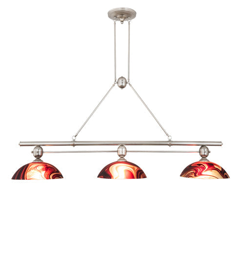 Meyda Lighting Deco Ball 70" 3-Light Brushed Nickel Cabernet Swirl Island Pendant Light With Ruby Cabernet Swirl Shade Glass