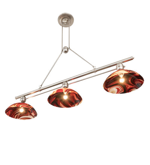 Meyda Lighting Deco Ball 70" 3-Light Brushed Nickel Cabernet Swirl Island Pendant Light With Ruby Cabernet Swirl Shade Glass