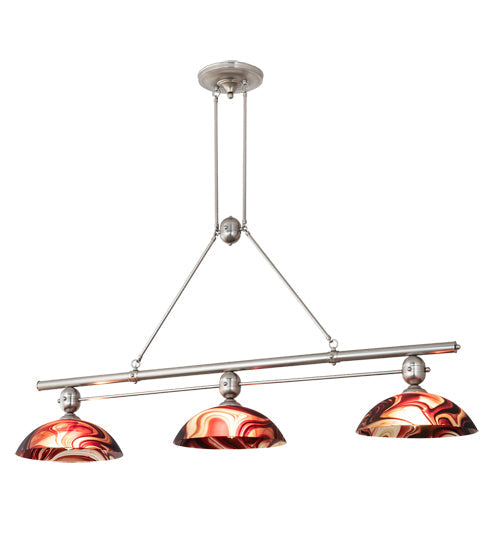 Meyda Lighting Deco Ball 70" 3-Light Brushed Nickel Cabernet Swirl Island Pendant Light With Ruby Cabernet Swirl Shade Glass